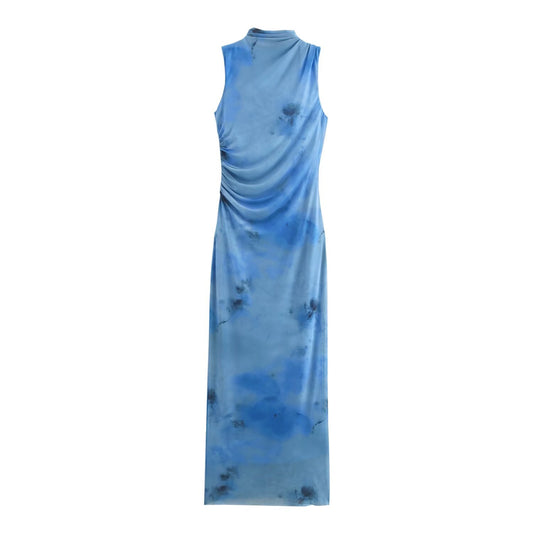Women French Simplicity Slim Print Pleated Dress