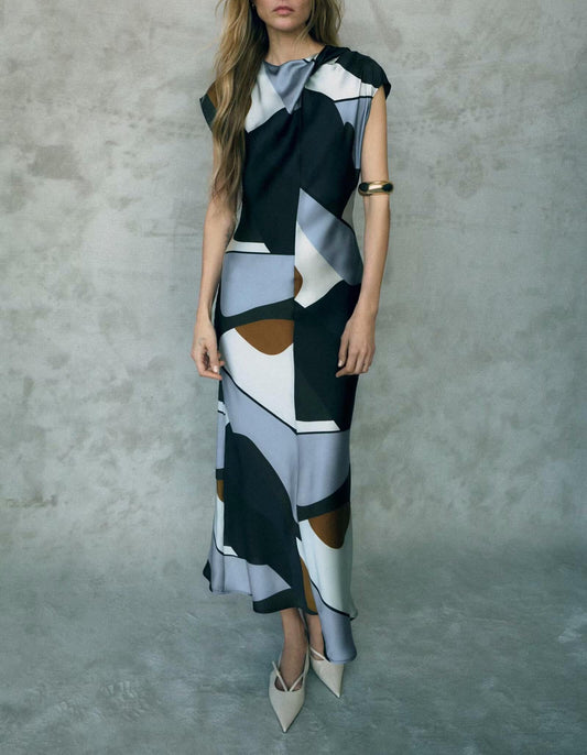 Vestido de primavera para mujer, ajustado, de satén de seda, con estampado texturizado.