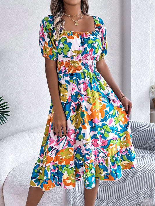 Vestido informal de primavera y verano con estampado floral, cuello cuadrado, manga corta, cintura con volantes, corte en A, ropa para mujer