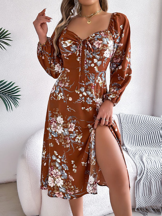 Vestido de primavera-verano sexy con encaje y nudo floral de manga larga con abertura para mujer