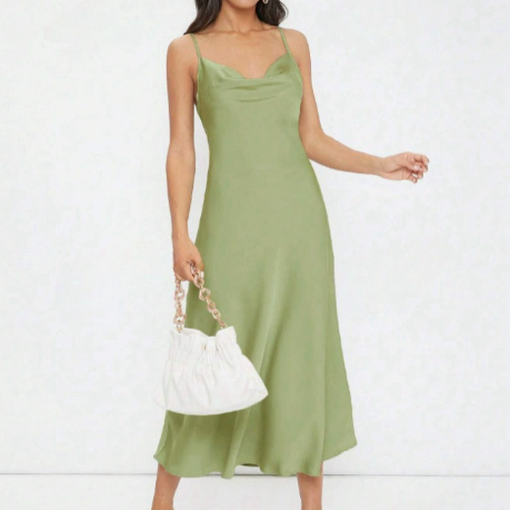 Vestido ajustado de color liso con escote en V profundo y tirantes de satén para mujer, primavera y verano