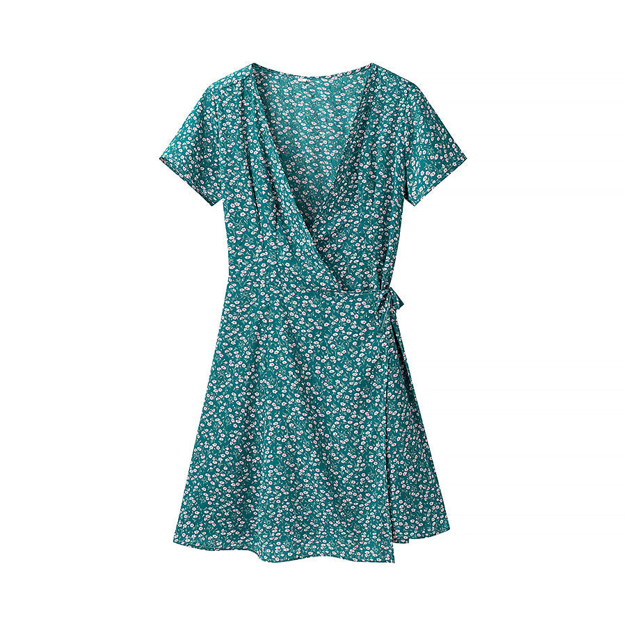 Vestido corto sencillo con cuello en V y cordones estampados para mujer de primavera.
