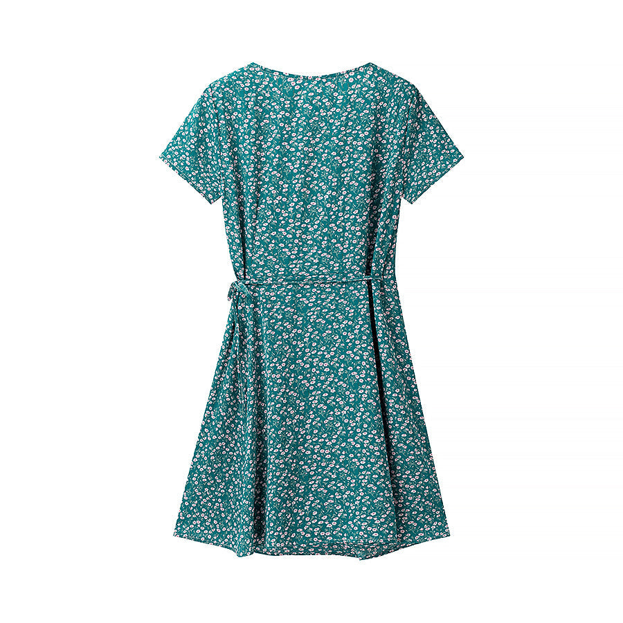 Vestido corto sencillo con cuello en V y cordones estampados para mujer de primavera.