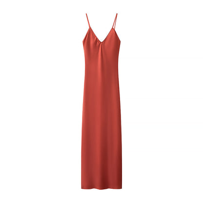 Spring Silk Satin Texture Solid Color Sling Midi Dress