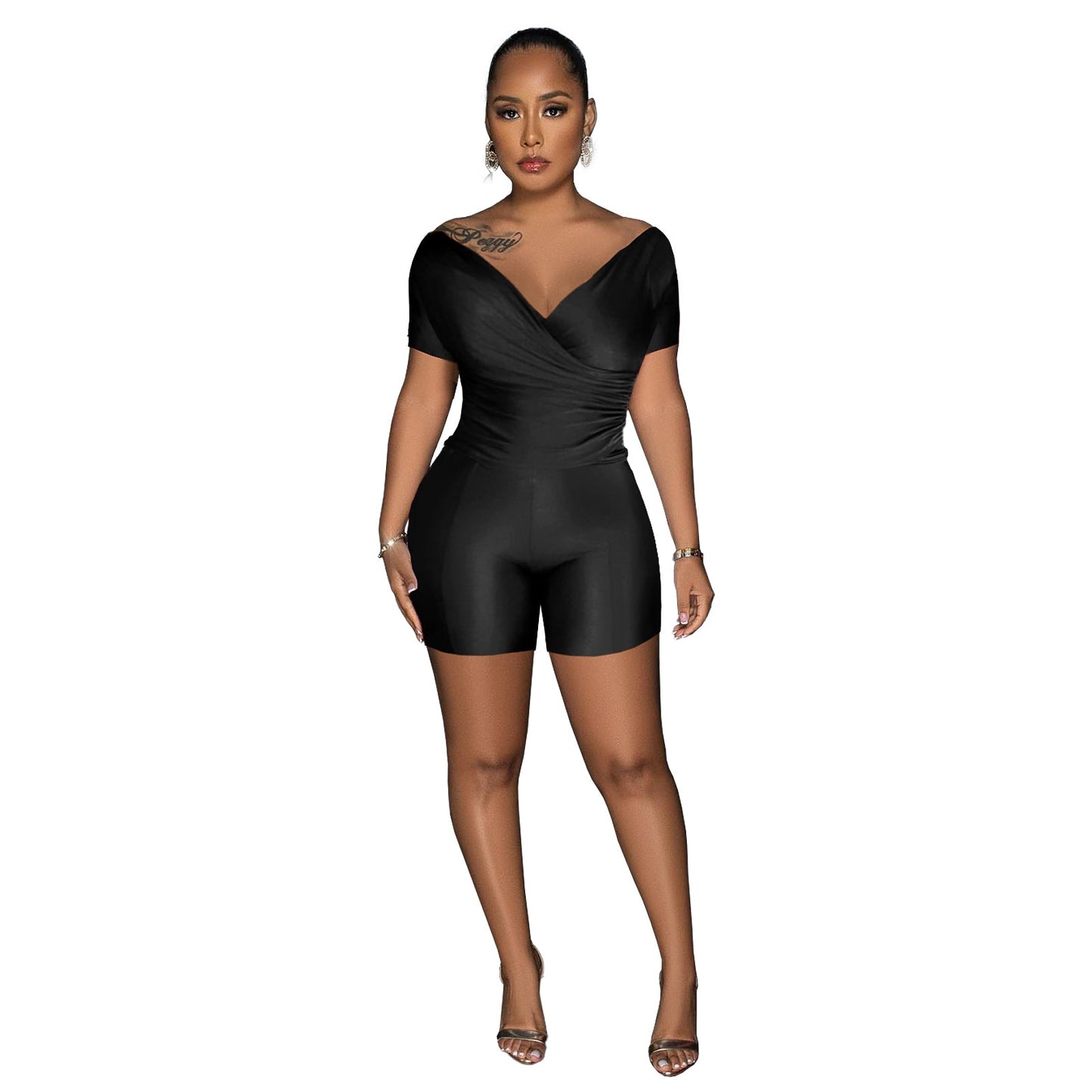 Women Clothing Supply Solid Color Reflective Pleated V neck Blouse Pants Two Piece Sets