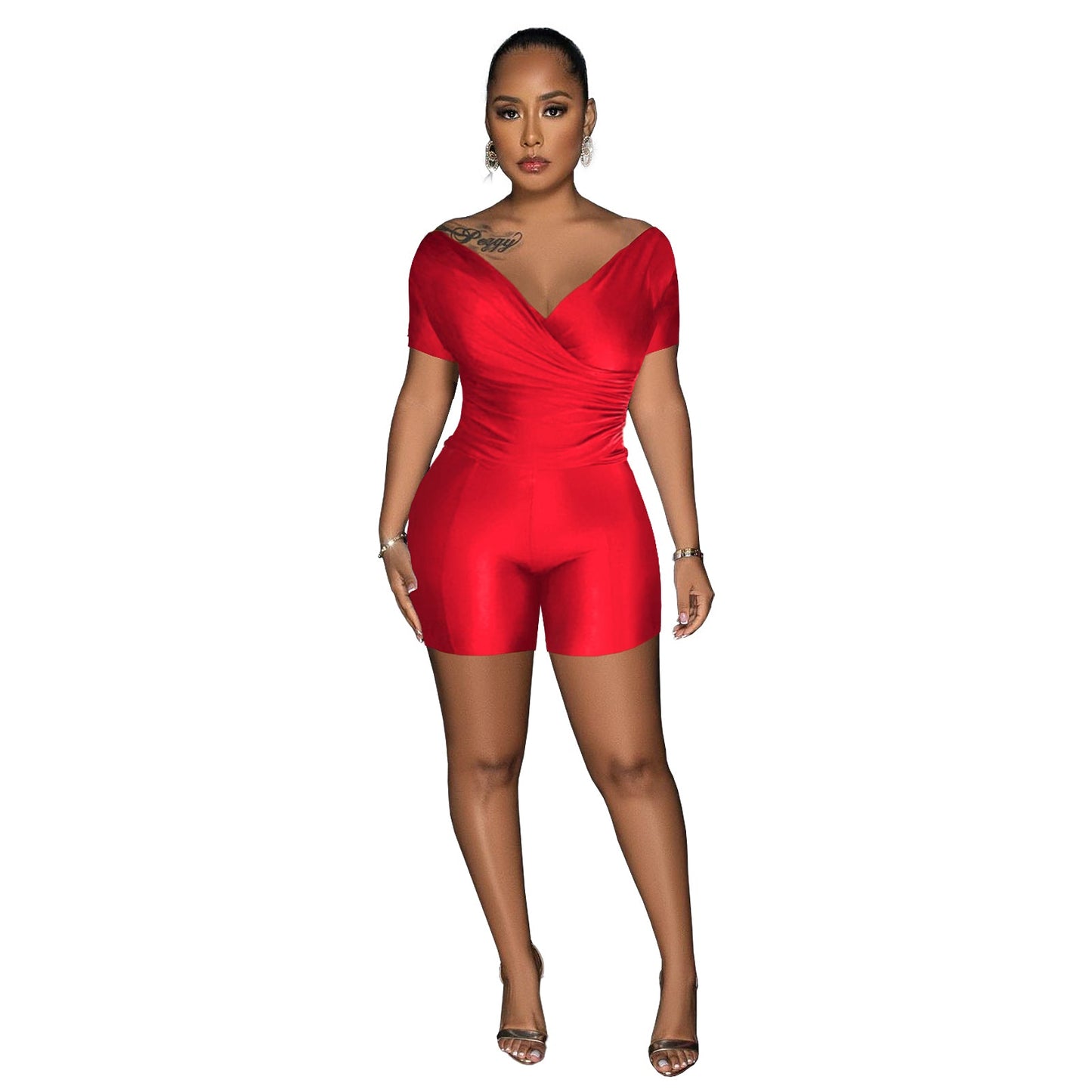 Women Clothing Supply Solid Color Reflective Pleated V neck Blouse Pants Two Piece Sets