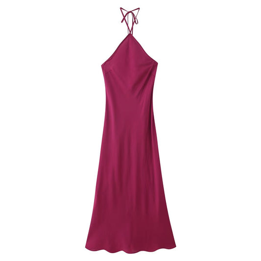 Ropa de primavera para mujer, elegante vestido de satén de seda con cuello halter.