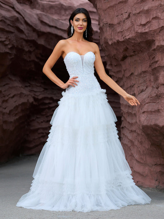 Tube Top Elegant Graceful Wedding Dress Long Mesh Tiered Dress Wedding Evening Gown