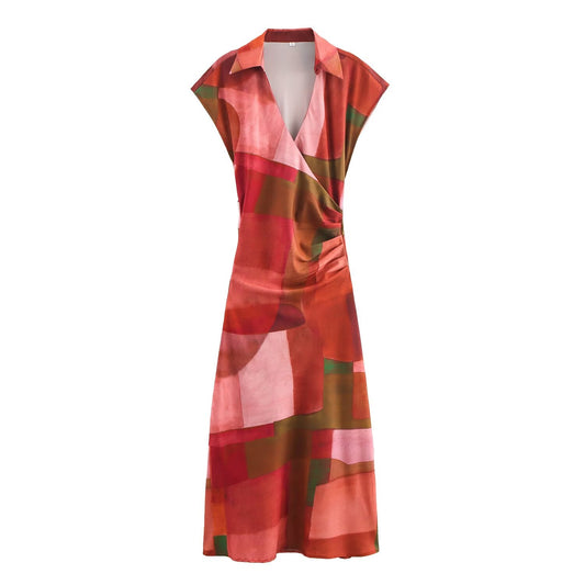 Vestido de satén de seda con estampado geométrico abstracto para mujer, primavera