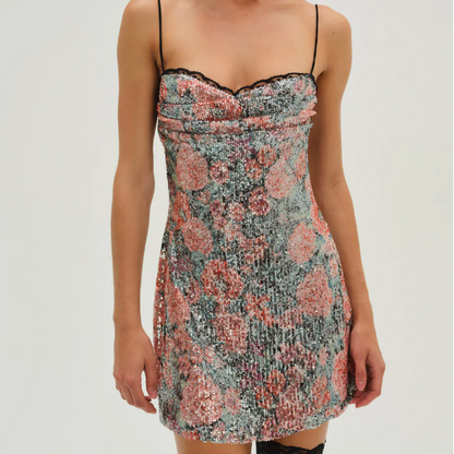 Vestido sexy de verano con lentejuelas rosas y tirantes finos para mujer y niña, vestido corto ajustado con cintura cruzada.
