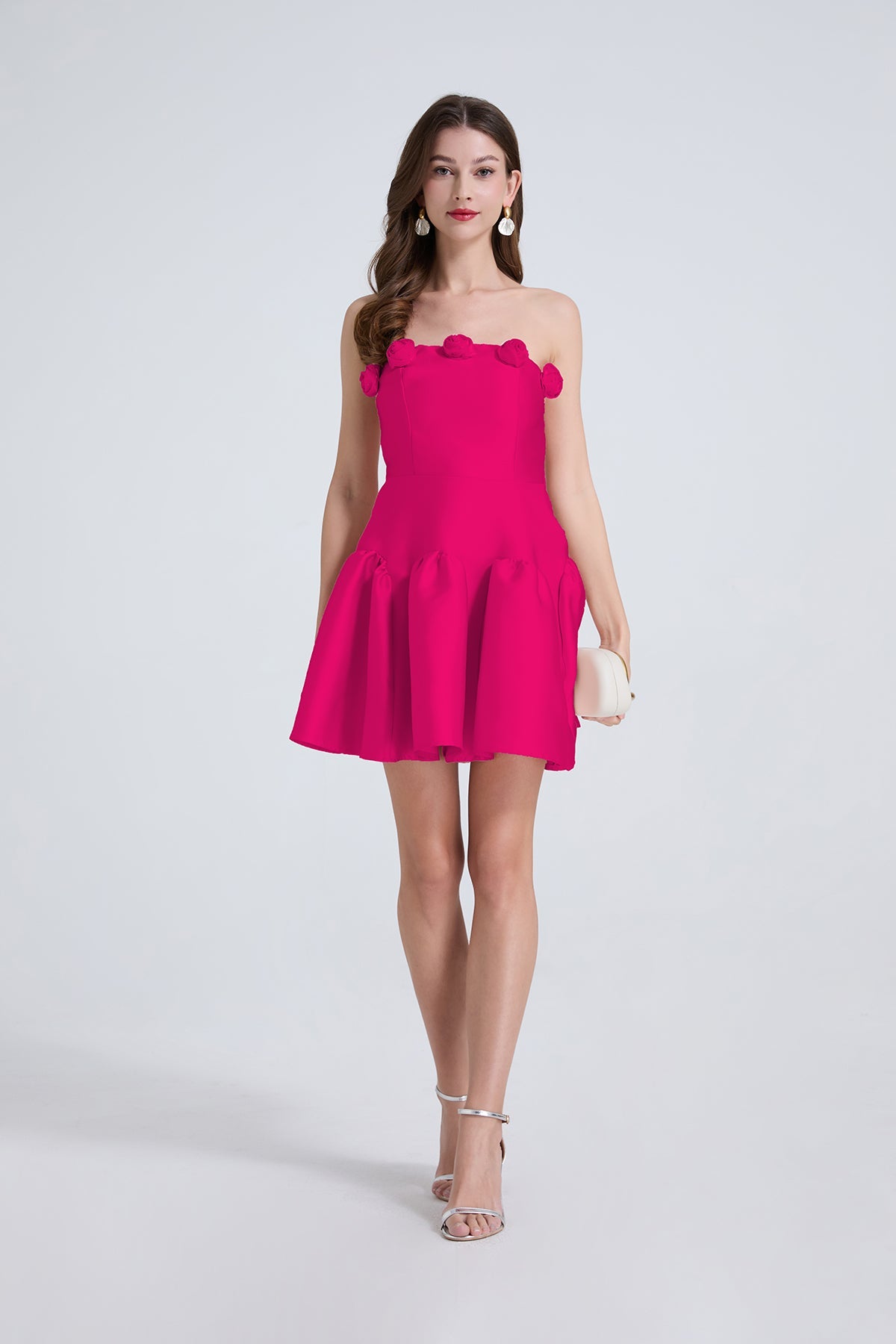 Vestido elegante de mujer con flores tridimensionales, cintura de color liso, sin tirantes