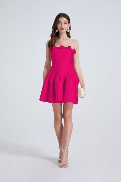 Vestido elegante de mujer con flores tridimensionales, cintura de color liso, sin tirantes