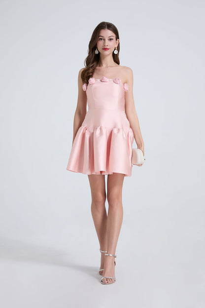 Vestido elegante de mujer con flores tridimensionales, cintura de color liso, sin tirantes