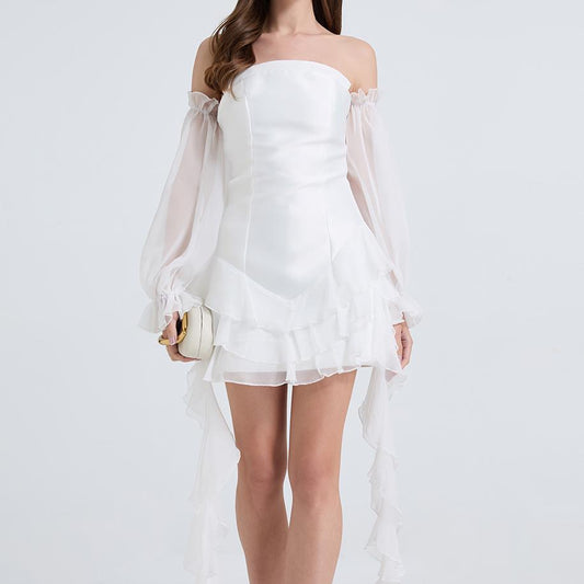 Women Elegant One Line Shoulder Strapless Little Dress With Pinched Waist