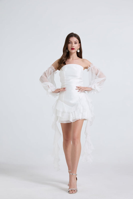 Women Elegant One Line Shoulder Strapless Little Dress With Pinched Waist
