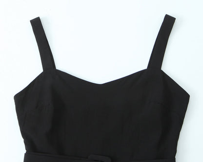 Vestido retro de primavera con escote en V, sin mangas y tirantes, diseño francés de interés especial, cintura alta con cinturón, corte en A.