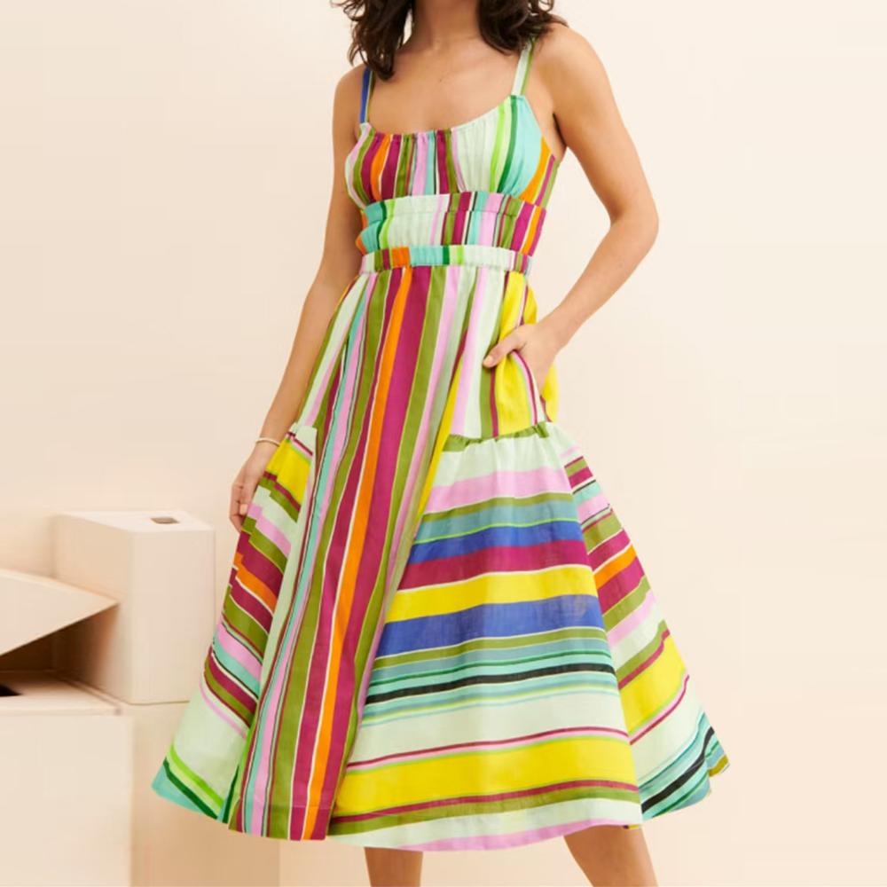 Vestido halter de rayas coloridas, estilo bohemio, con abertura en la espalda, flecos y bolsillos con cordones
