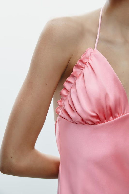 Vestido halter con textura de satén de seda y tirantes sexy para primavera y verano