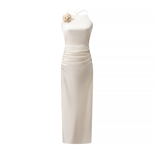 Vestido elegante y sexy con cintura ajustada y plisado con tirantes rosas para mujer, primavera y verano.
