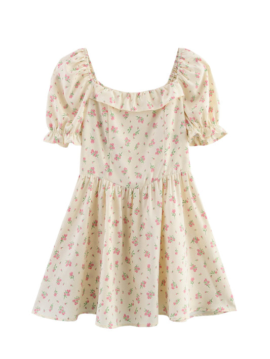 Vestido floral de manga corta con volantes para mujer de primavera