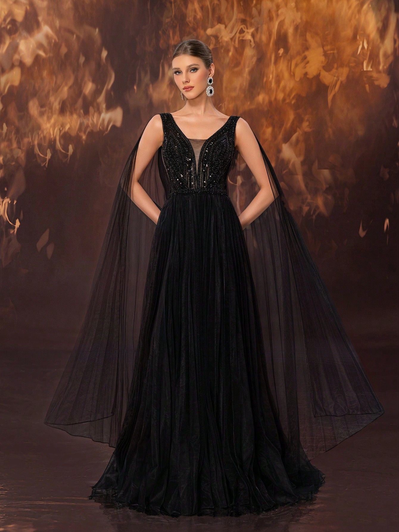 Vestido de cóctel de noche para mujer, elegante, hecho a mano, de malla con cuentas y dobladillo ancho, vestido largo formal.