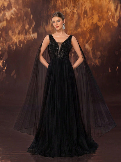 Vestido de cóctel de noche para mujer, elegante, hecho a mano, de malla con cuentas y dobladillo ancho, vestido largo formal.