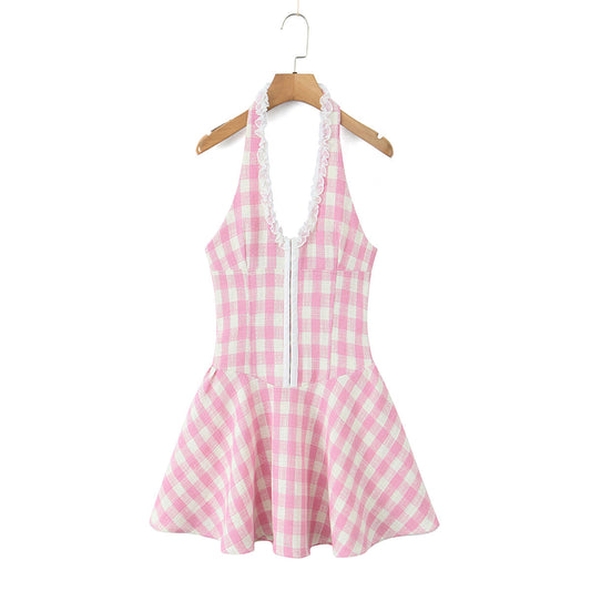 Vestido corto de verano con cuello en V, cuello halter, cintura ajustada, flores, borde cosido, espalda descubierta