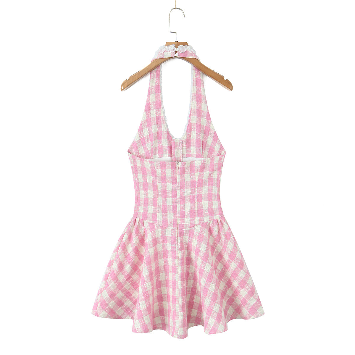 Vestido corto de verano con cuello en V, cuello halter, cintura ajustada, flores, borde cosido, espalda descubierta