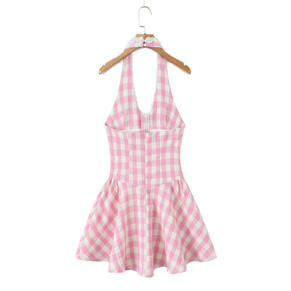Vestido corto de verano con cuello en V, cuello halter, cintura ajustada, flores, borde cosido, espalda descubierta