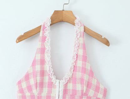 Vestido corto de verano con cuello en V, cuello halter, cintura ajustada, flores, borde cosido, espalda descubierta