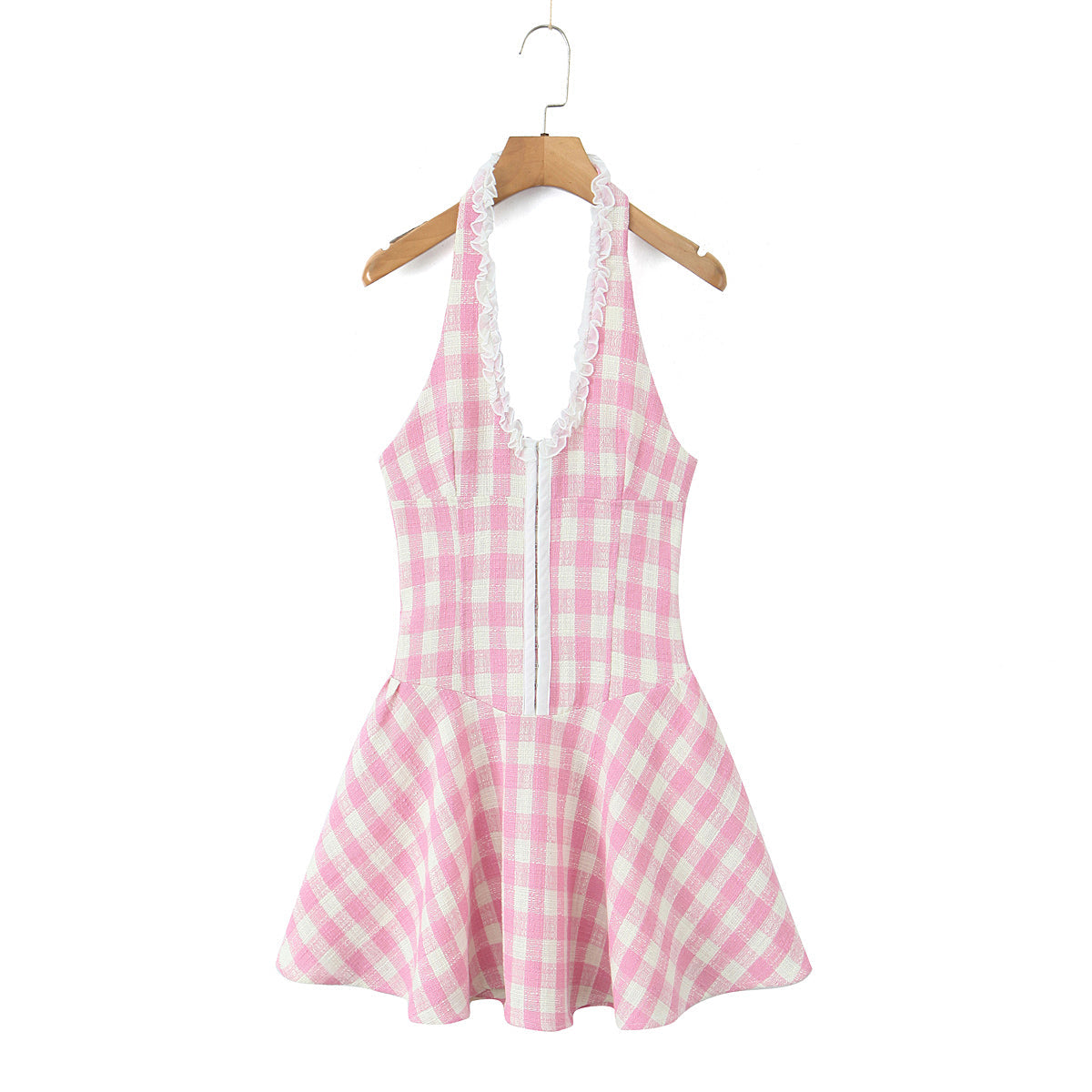 Vestido corto de verano con cuello en V, cuello halter, cintura ajustada, flores, borde cosido, espalda descubierta