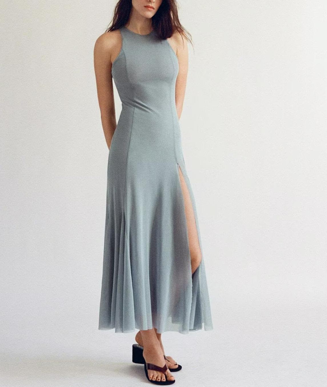 Vestido midi de red de seda con dobladillo ancho y corte entallado para mujer