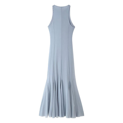 Vestido midi de red de seda con dobladillo ancho y corte entallado para mujer