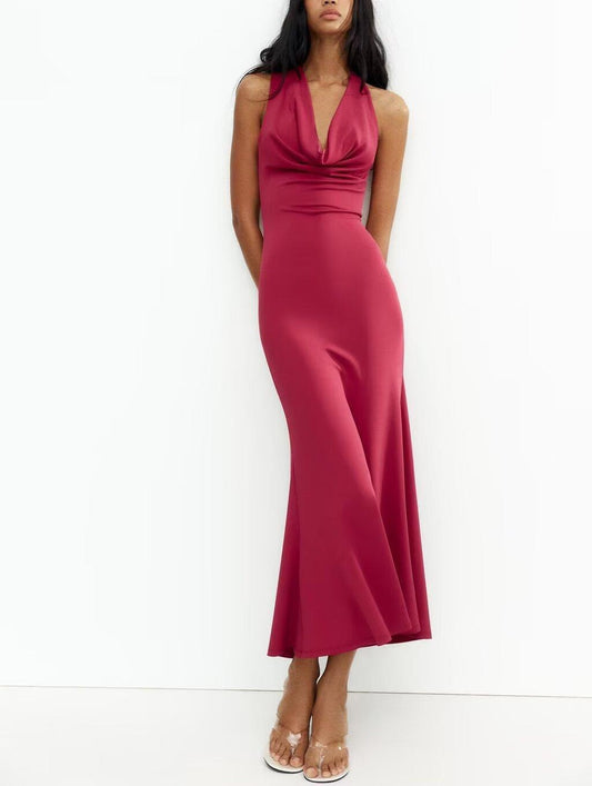 Vestido elegante de primavera para mujer, color rojo rosa y de alta calidad.