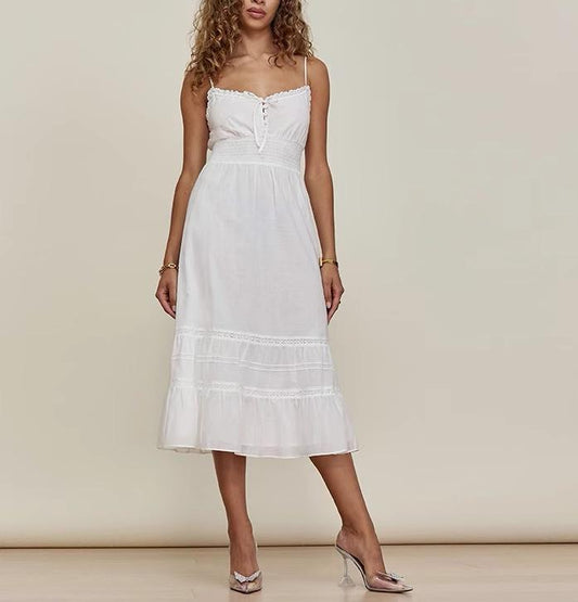 Vestido de primavera vintage sexy con cintura elástica y encaje adelgazante con tirantes finos