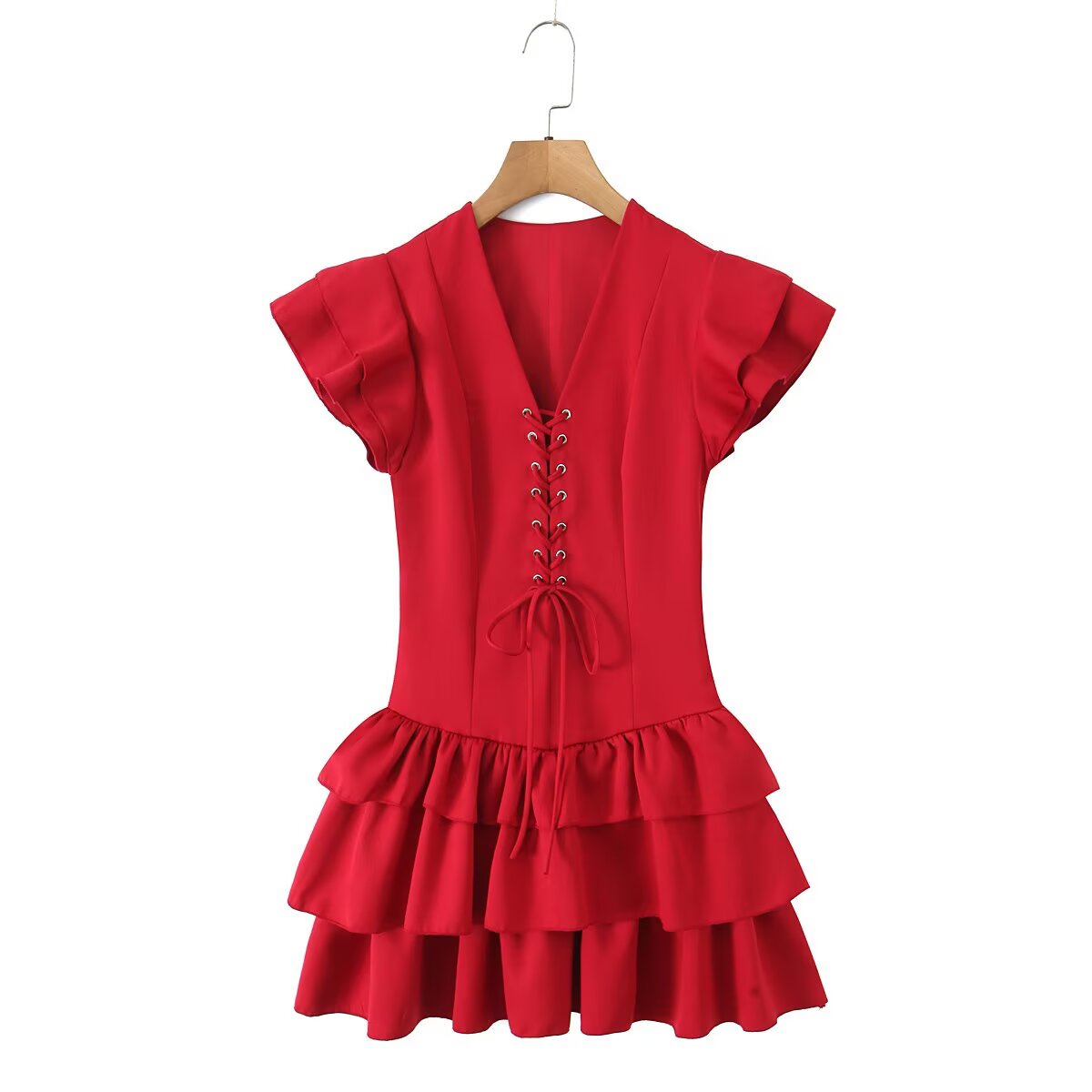 Vestido de verano para mujer, sexy, con mangas voladoras, con cordones, ajustado, de retazos, de color liso y escalonado
