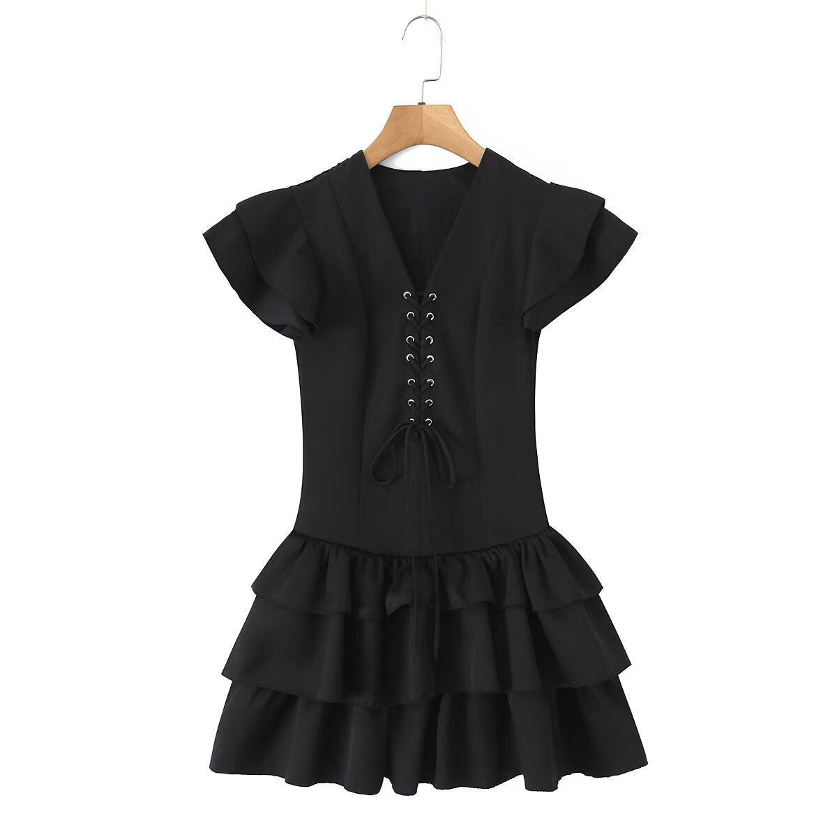 Vestido de verano para mujer, sexy, con mangas voladoras, con cordones, ajustado, de retazos, de color liso y escalonado