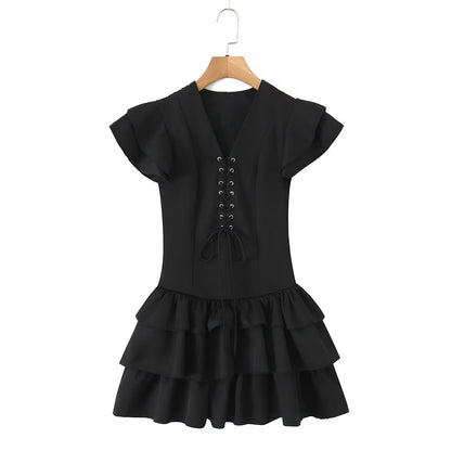 Vestido de verano para mujer, sexy, con mangas voladoras, con cordones, ajustado, de retazos, de color liso y escalonado