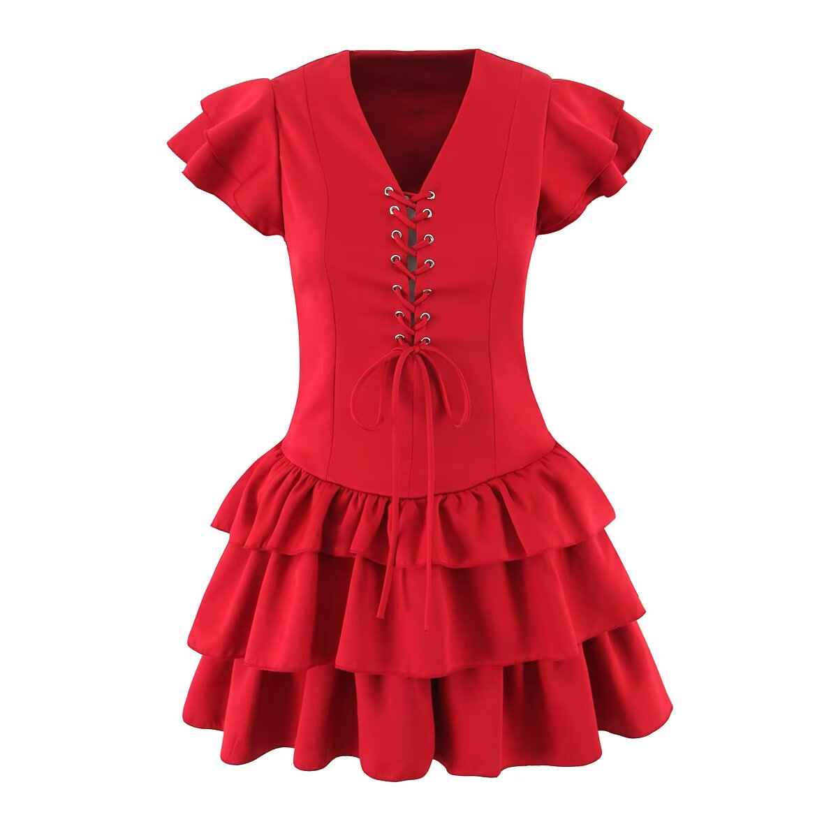 Vestido de verano para mujer, sexy, con mangas voladoras, con cordones, ajustado, de retazos, de color liso y escalonado