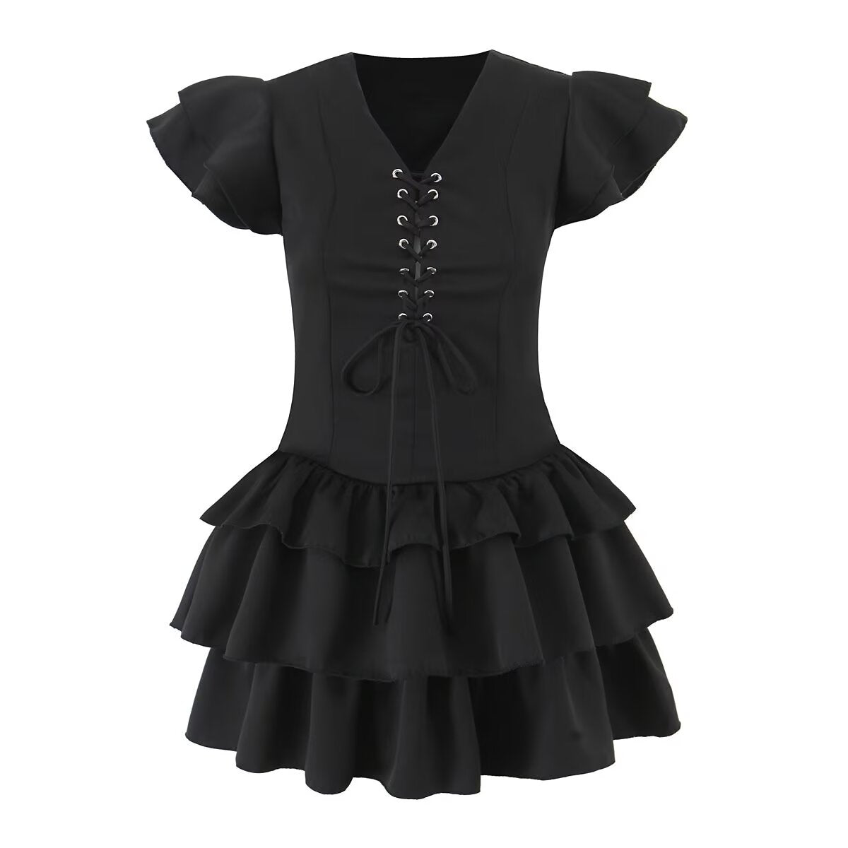 Vestido de verano para mujer, sexy, con mangas voladoras, con cordones, ajustado, de retazos, de color liso y escalonado