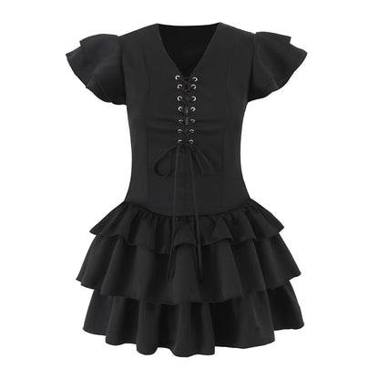 Vestido de verano para mujer, sexy, con mangas voladoras, con cordones, ajustado, de retazos, de color liso y escalonado