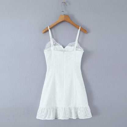 Vestido con escote en V, encaje, lazo en el pecho, tirantes, dulce, ajustado, con orejas de madera