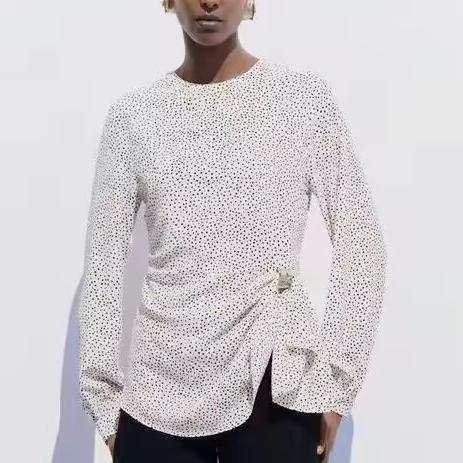 Ropa de mujer Primavera Verano Top de manga larga con cuello redondo y hebilla de metal con lunares