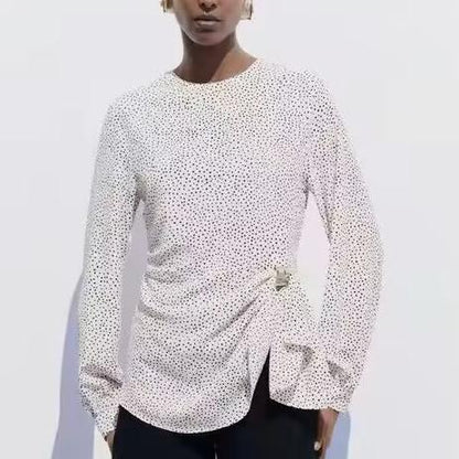 Ropa de mujer Primavera Verano Top de manga larga con cuello redondo y hebilla de metal con lunares