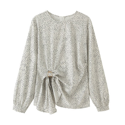 Ropa de mujer Primavera Verano Top de manga larga con cuello redondo y hebilla de metal con lunares