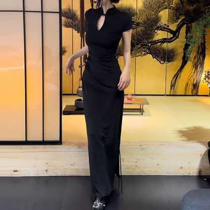 Vestido largo cheongsam chino de verano para mujer, con abertura en la cintura y efecto adelgazante.