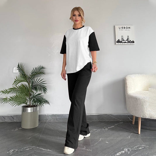 Conjunto de dos piezas formado por camiseta de manga corta y pantalones anchos, informal, con cuello redondo y contraste de colores para verano