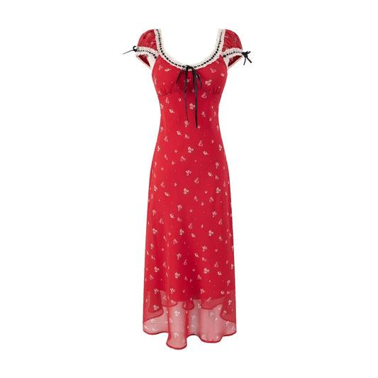 Vestido retro a la cadera con estampado rojo cereza de primavera y verano