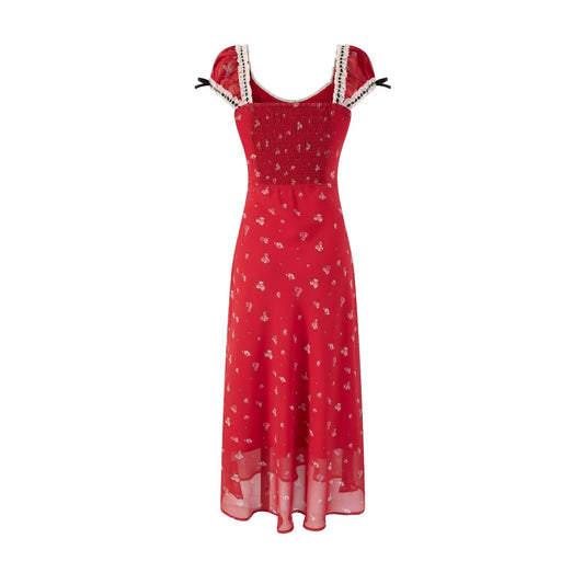Vestido retro a la cadera con estampado rojo cereza de primavera y verano