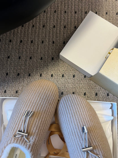 The Row 2025 Striped Furry Slipper Beige White Wool 561638